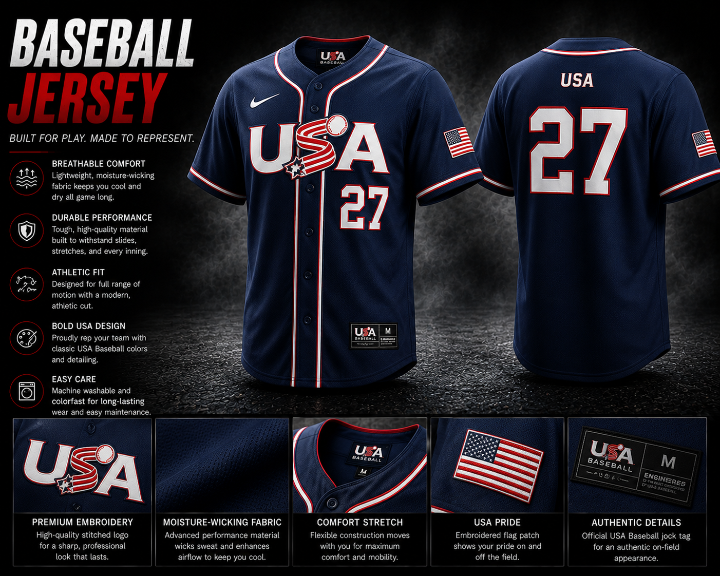 Custom-branded baseball jersey featuring durable, breathable fabric, classic button-front styling, and vibrant personalized team graphics and player numbers