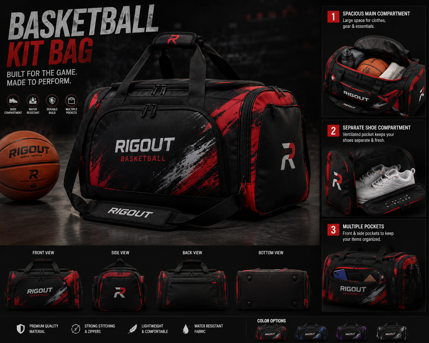 Customized basketball duffel bag made of heavy-duty 1680D polyester, featuring a separate ventilated shoe compartment and a personalized team logo