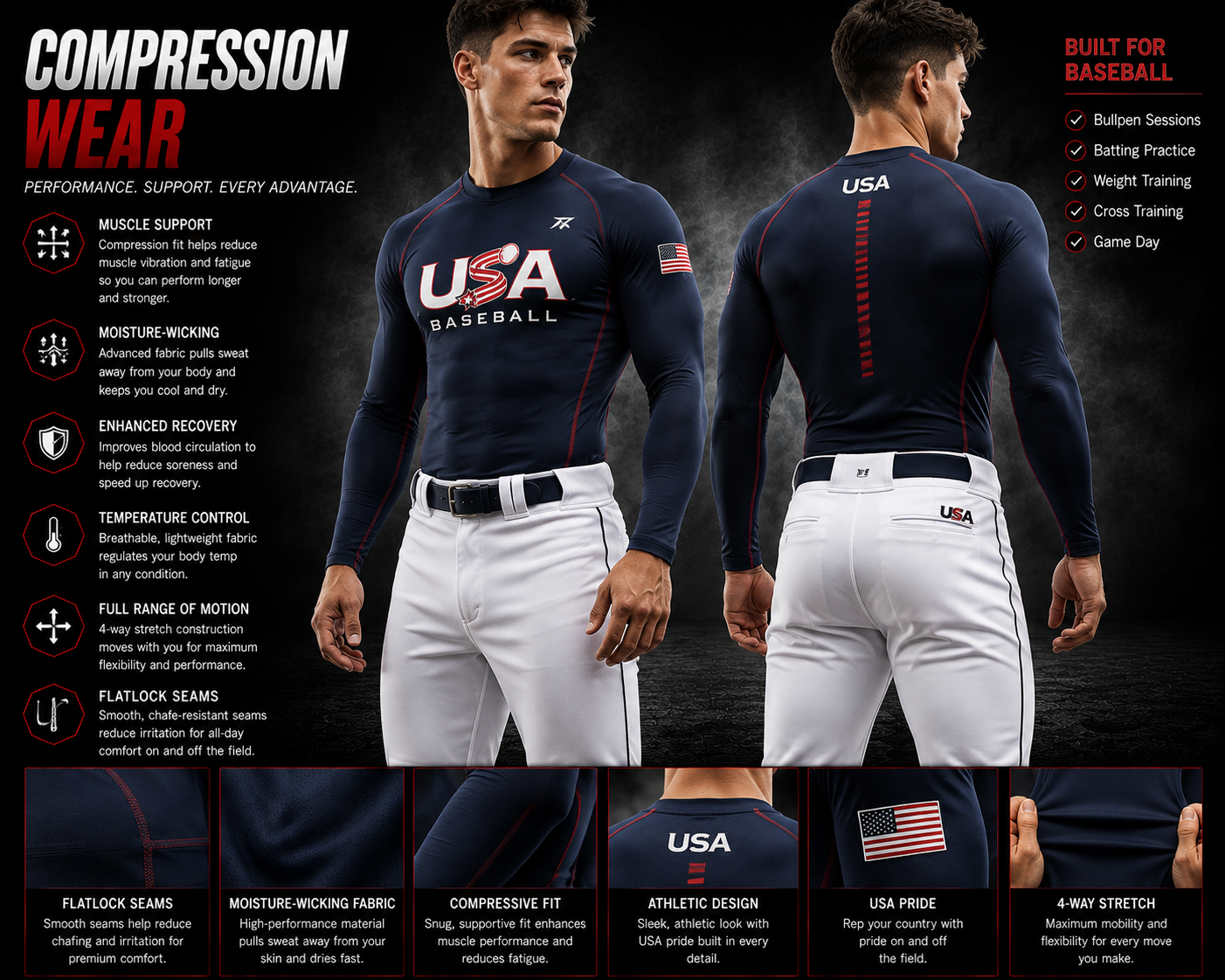 Custom baseball compression wear featuring breathable, stretchy fabric for enhanced mobility and comfort on the field