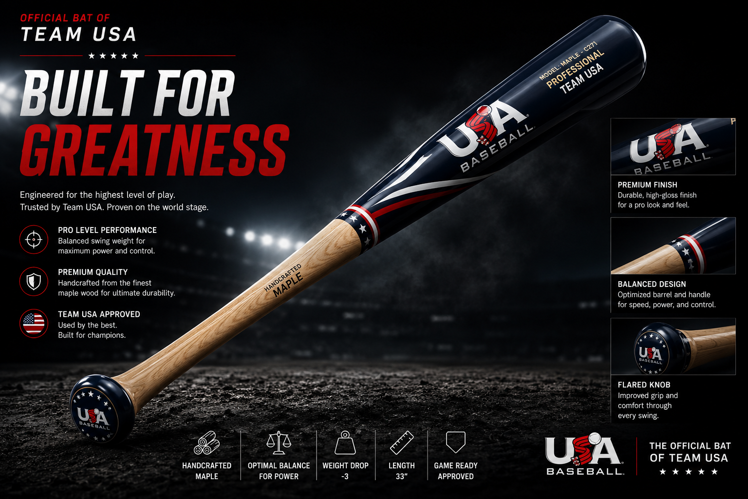 Custom-branded baseball bat crafted from premium wood featuring a balanced grip, personalized laser-engraved player name and team logo, and a durable gloss finish.