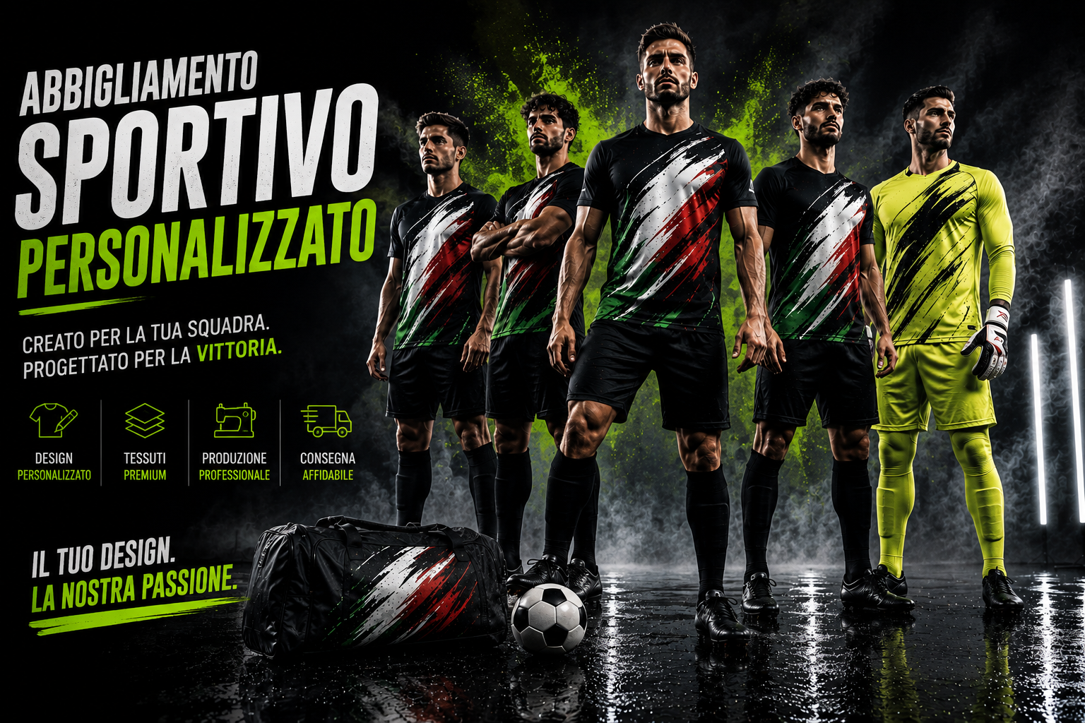 Produzione personalizzata di pantaloncini sublimatici, guanti da portiere e divise per calcio e sport di squadra in Italia.
