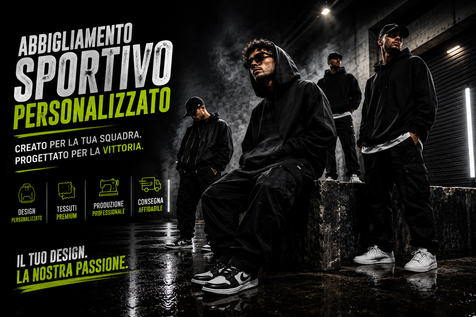 Produzione personalizzata in Italia di felpe con cappuccio oversize, t-shirt grafiche, pantaloni e abbigliamento streetwear.