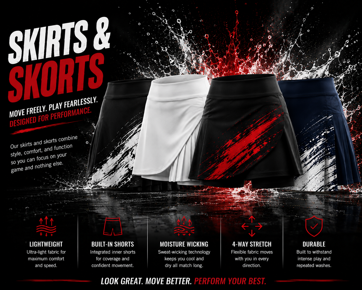 Customized pleated tennis skort made of lightweight polyester-spandex with built-in compression shorts, ball pockets, and personalized team logo