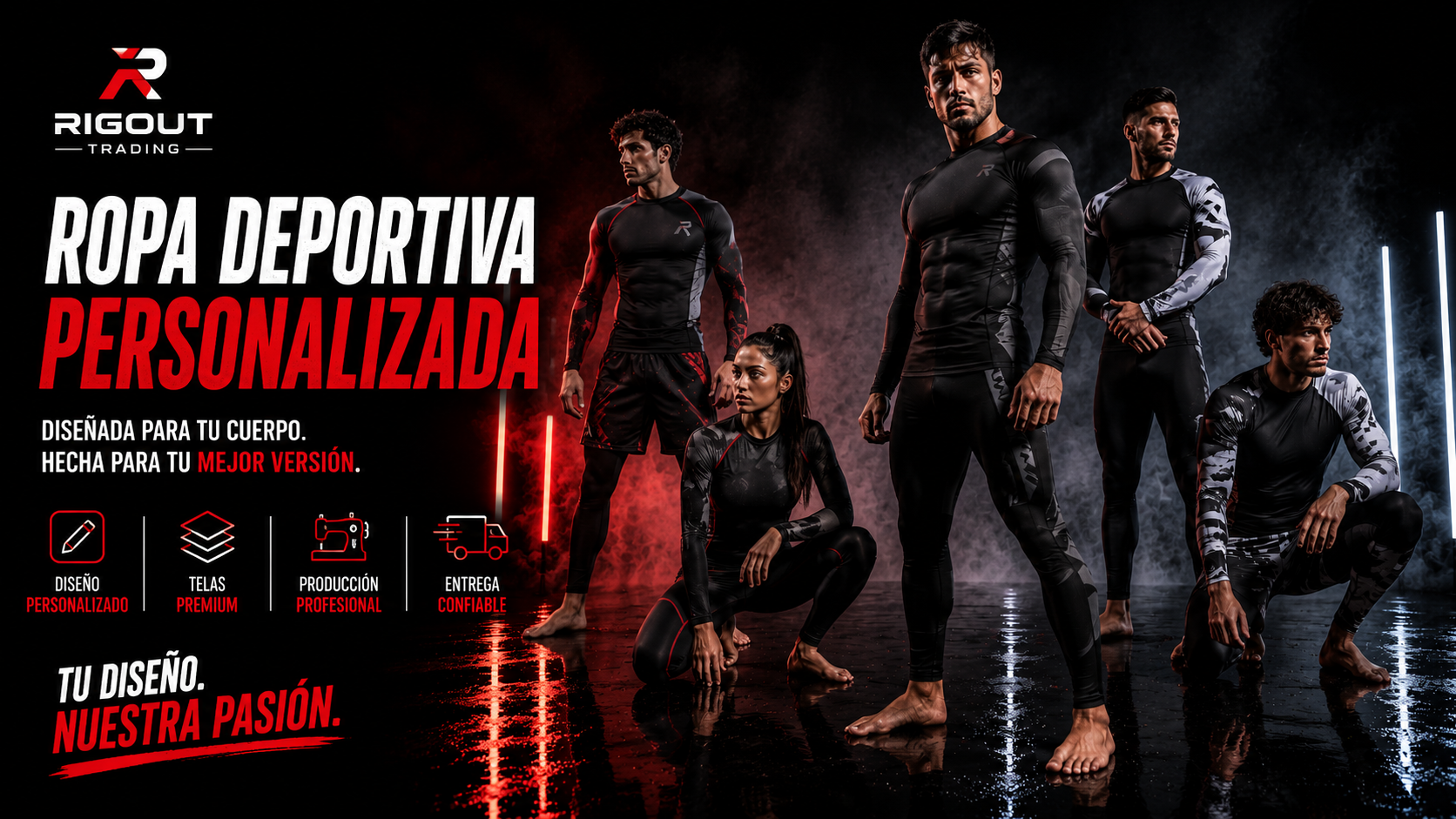 Fabricante de ropa de entrenamiento personalizada (camisetas de compresión/rash guards) en España