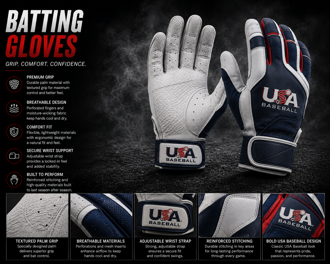 Custom-branded batting gloves crafted from durable leather palms for enhanced grip, flexible stretch-mesh backhand for ventilation, and a secure adjustable wrist closure featuring a personalized team logo