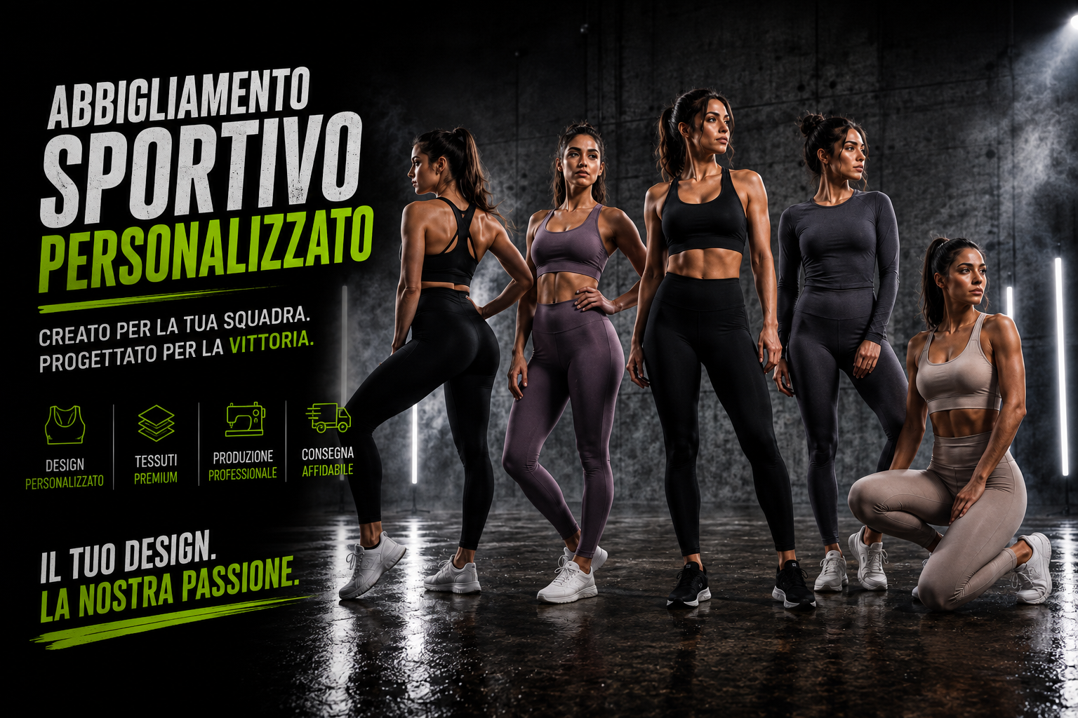 Produzione personalizzata in Italia di reggiseni sportivi, leggings e abbigliamento da yoga e palestra per donna.