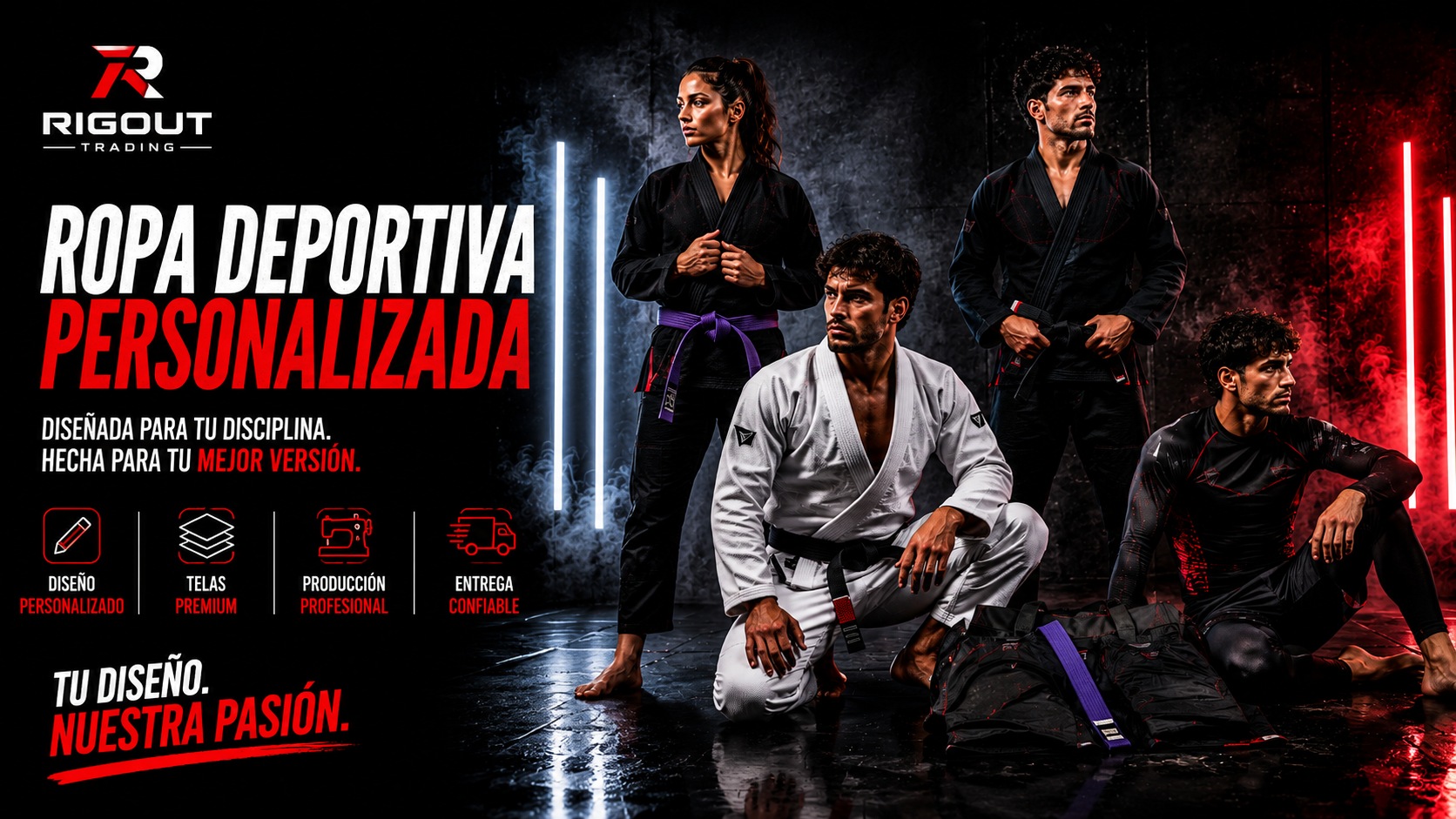 Fabricante de trajes de jiu-jitsu con servicio de personalización (marca propia, color de tejido a medida y embalaje) en España.
