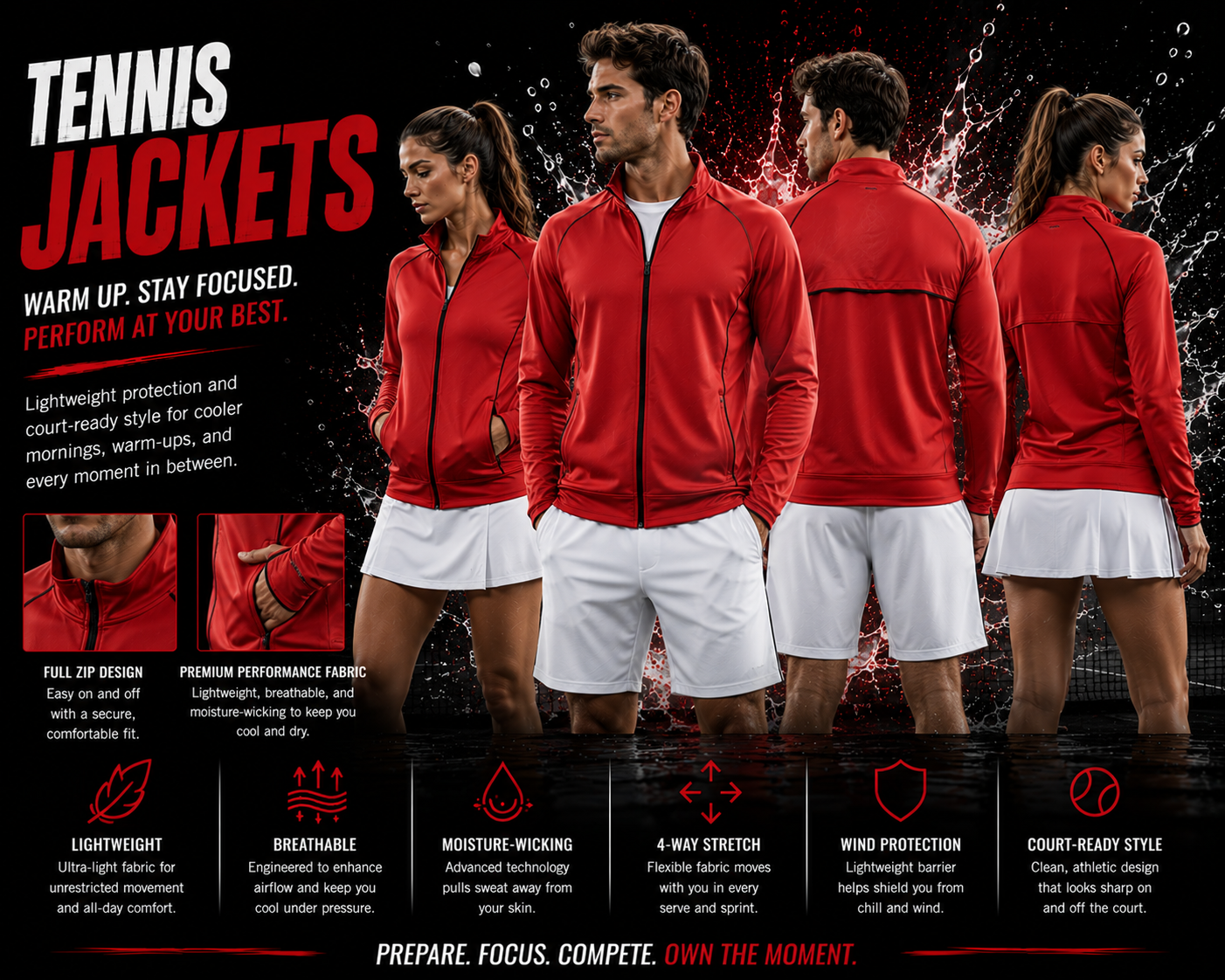 Customized lightweight tennis warm-up jacket made of premium double-knit polyester, featuring a full-zip front, ribbed cuffs, and a personalized team logo