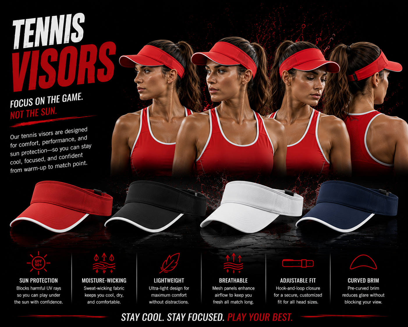 Customized tennis visor made of lightweight breathable polyester, featuring an absorbent sweatband liner, adjustable hook-and-loop strap, and personalized team logo