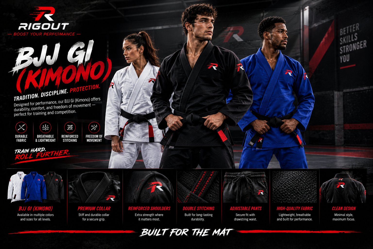 Promotional banner for Rigout BJJ Gi (Kimono) featuring athletes wearing white, black, and blue Brazilian Jiu-Jitsu gis with black belts, showcasing key product features including premium collars, reinforced shoulders, double stitching, adjustable pants, and high-quality fabric.