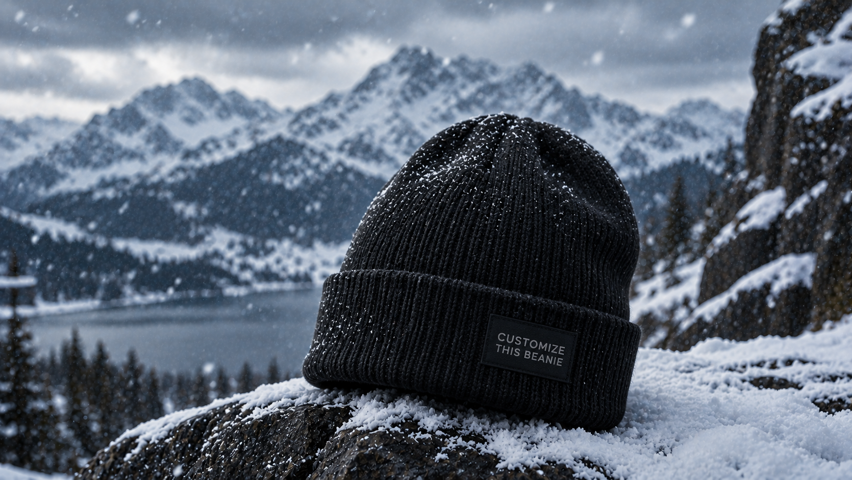 A stylish winter beanie cap styled on a minimal background, showcasing a warm knit fabric and custom branding for cold-weather streetwear