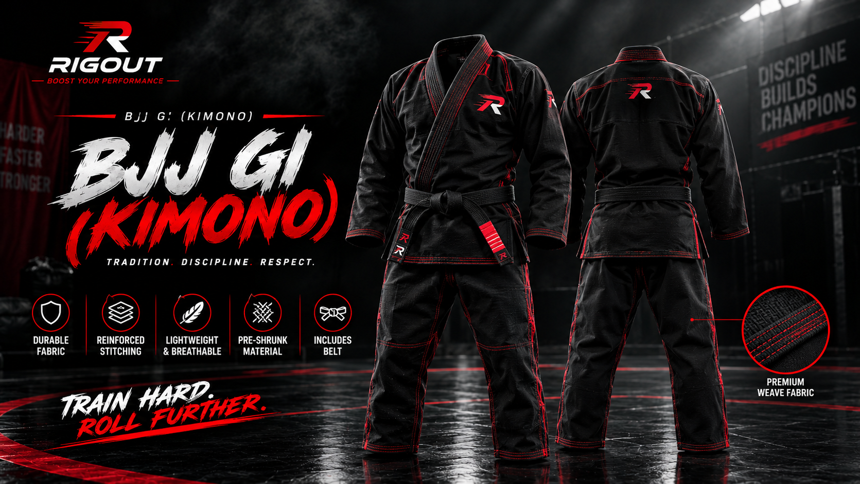 Product display banner for Rigout Customize BJJ Gi (Kimono) featuring a black Brazilian Jiu-Jitsu gi with red contrast stitching, a black belt, and callout icons highlighting durable fabric, reinforced stitching, lightweight and breathable material, pre-shrunk construction,