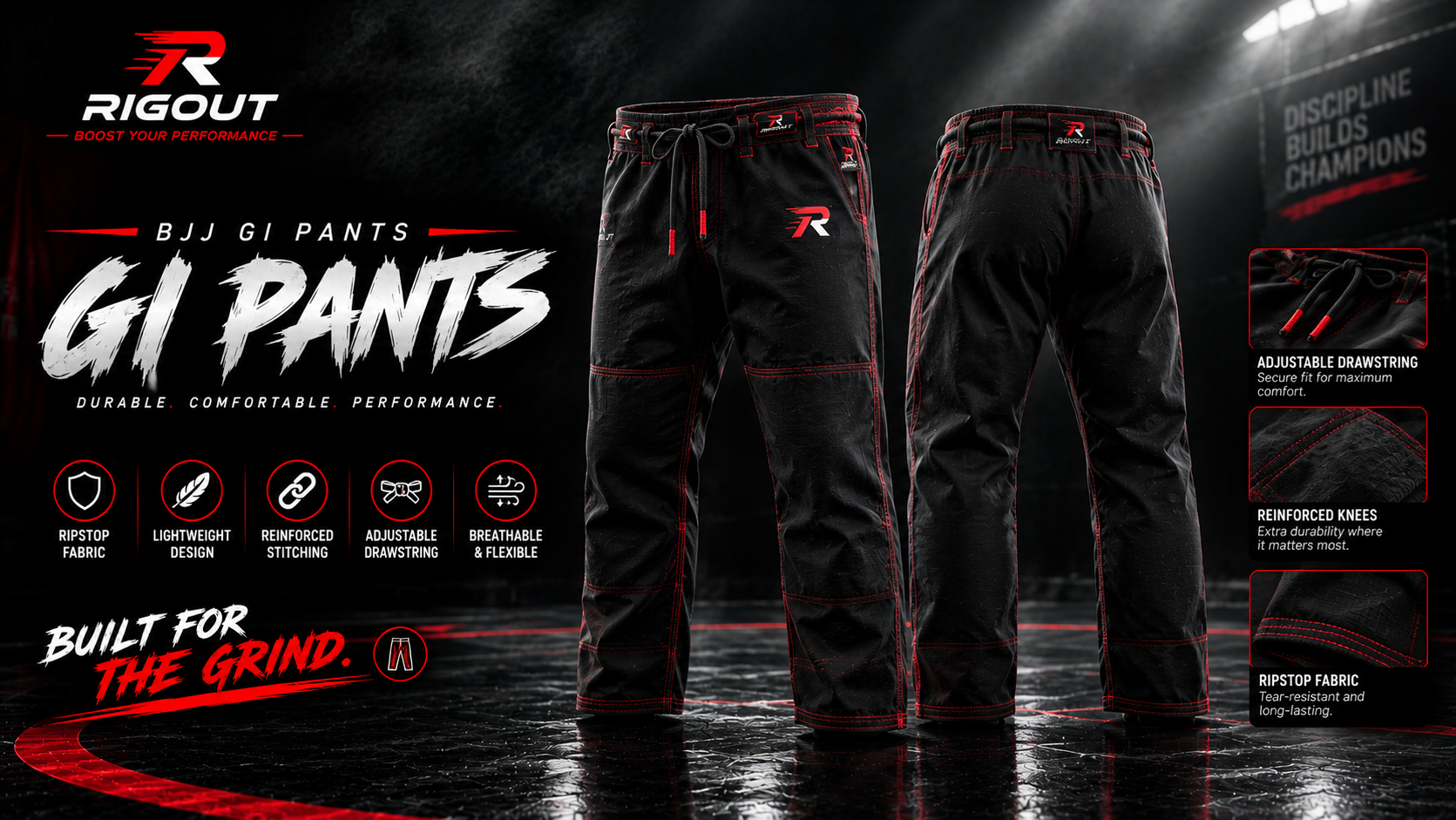 Customize BJJ Gi Pants featuring durable black ripstop pants with red contrast stitching, an adjustable drawstring waist, reinforced knees, and key feature icons highlighting ripstop fabric, lightweight design, reinforced stitching, and flexible breathability