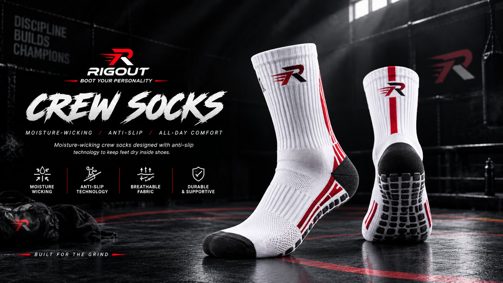 ustom wrestling socks featuring moisture-wicking yarns, reinforced cushioning, and supportive arch compression designed for training and mat-side comfort.