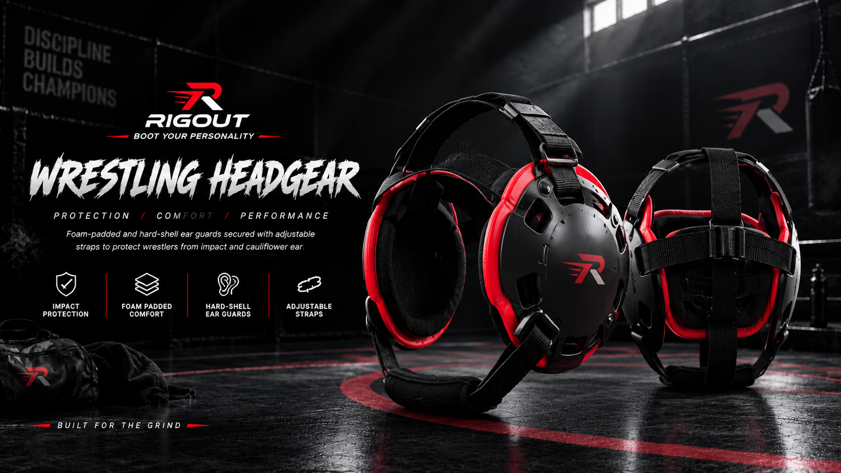 Custom wrestling headgear featuring impact-absorbing protective foam, secure adjustable straps, and breathable ear panels for safe, competitive grappling.