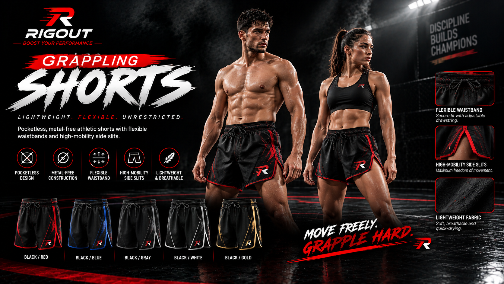 Customize grappling shorts featuring athletes in pocketless, metal-free athletic shorts with flexible waistbands and high-mobility side slits, shown in multiple colorways including black with red, blue, gray, white, or gold accents.
