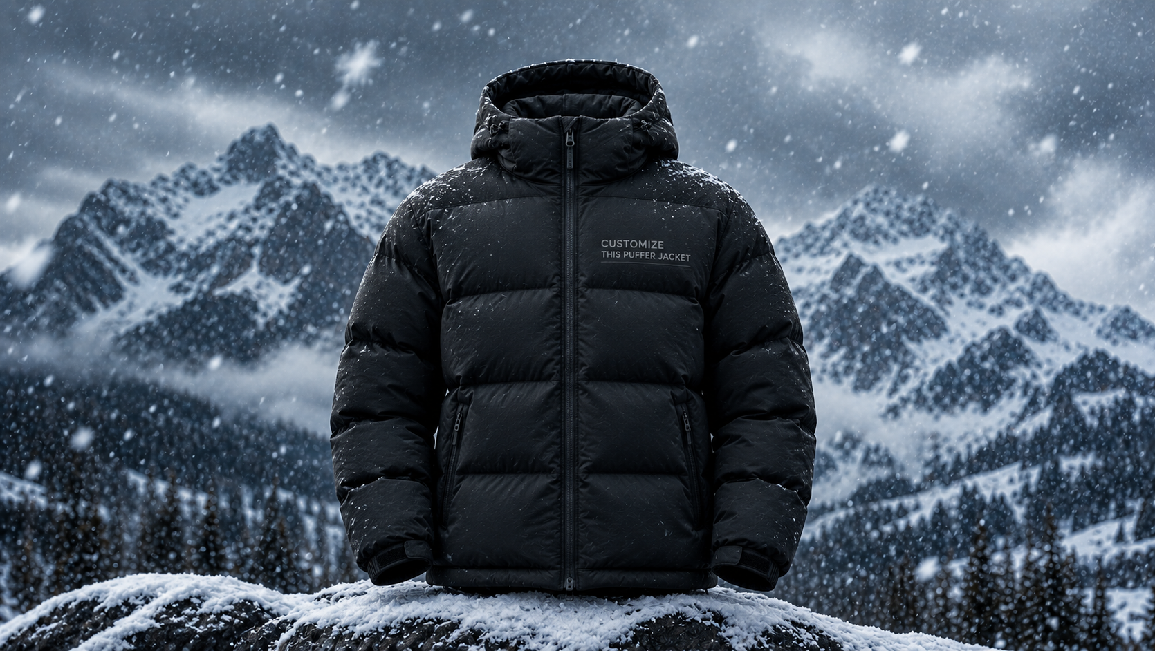 A stylish model wearing a warm, custom winter puffer jacket designed for cold-weather streetwear, showcasing a modern fit and high-neck collar