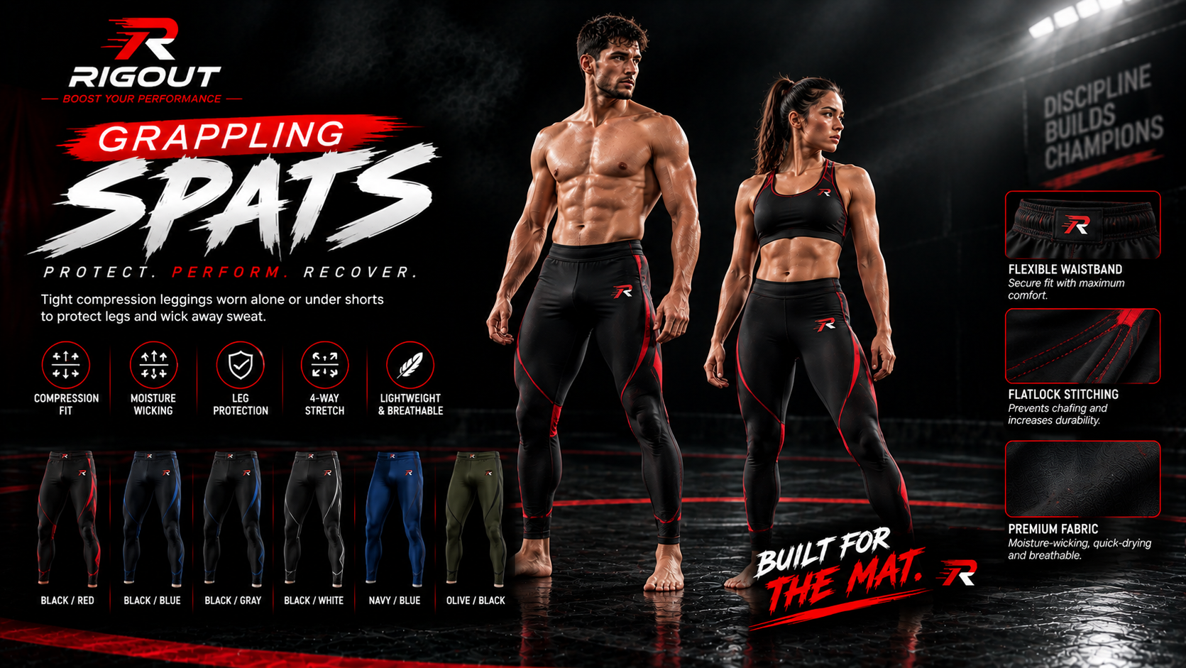 customize grappling spats featuring athletes wearing tight compression leggings in multiple colorways like black and red, black and blue, navy, and olive, highlighting features such as compression fit, moisture-wicking fabric, leg protection, flatlock stitching, and flexible waistbands.