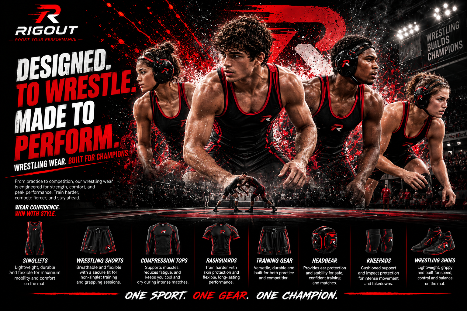 Promotional hero banner for Rigout wrestling wear featuring athletes in custom black and red singlets and headgear, displaying product categories including singlets, shorts, compression tops, rash guards, headgear, kneepads, and wrestling shoes against a dynamic red and black background.