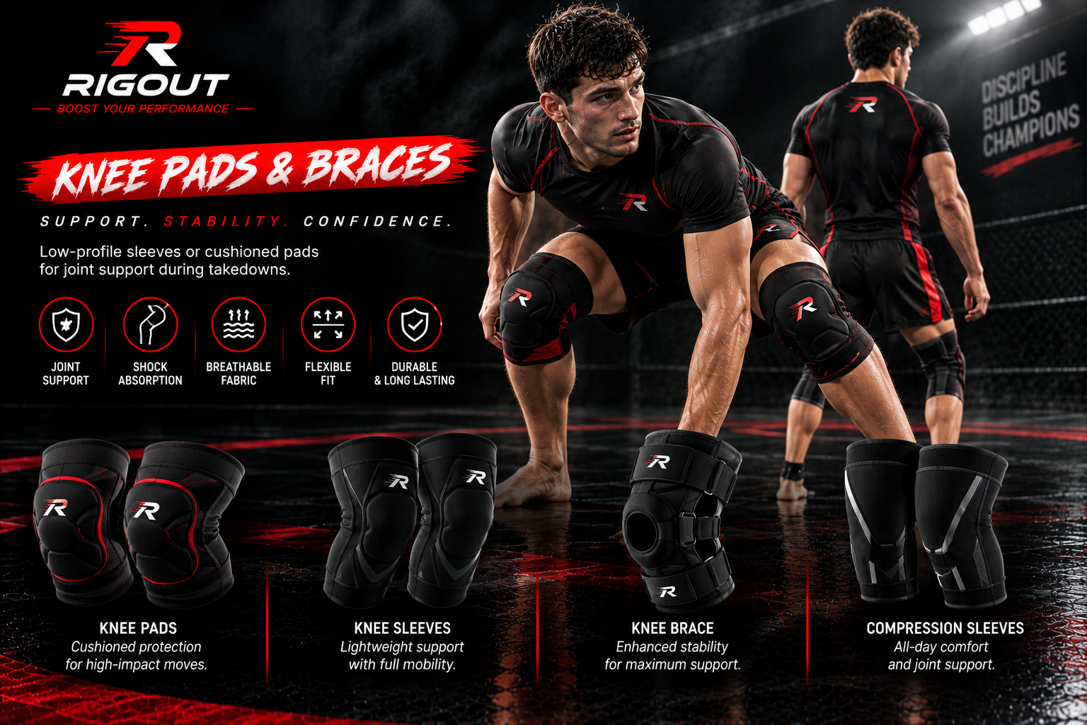 knee pads and braces showcasing cushioned knee pads, lightweight knee sleeves, structured knee braces, and compression sleeves, highlighting icons for joint support, shock absorption, breathable fabric, flexible fit, and durability.