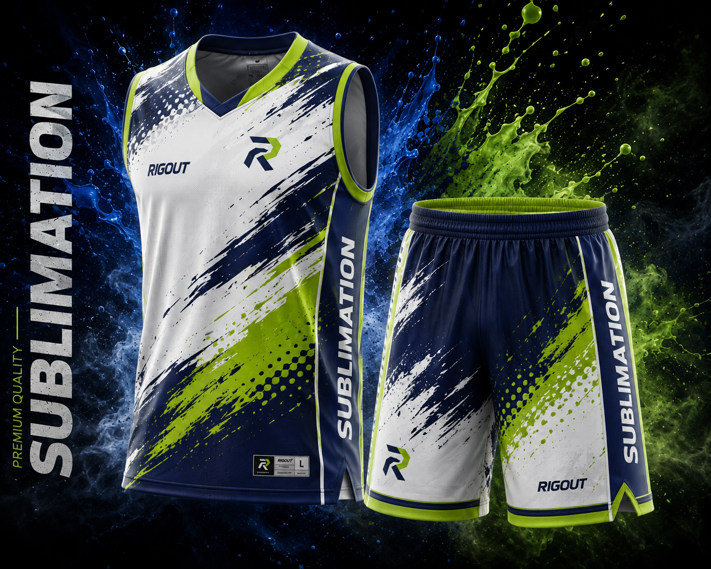 Customized sublimated basketball jersey and shorts uniform set made of breathable polyester mesh, featuring vibrant all-over team graphics and personalized player numbers