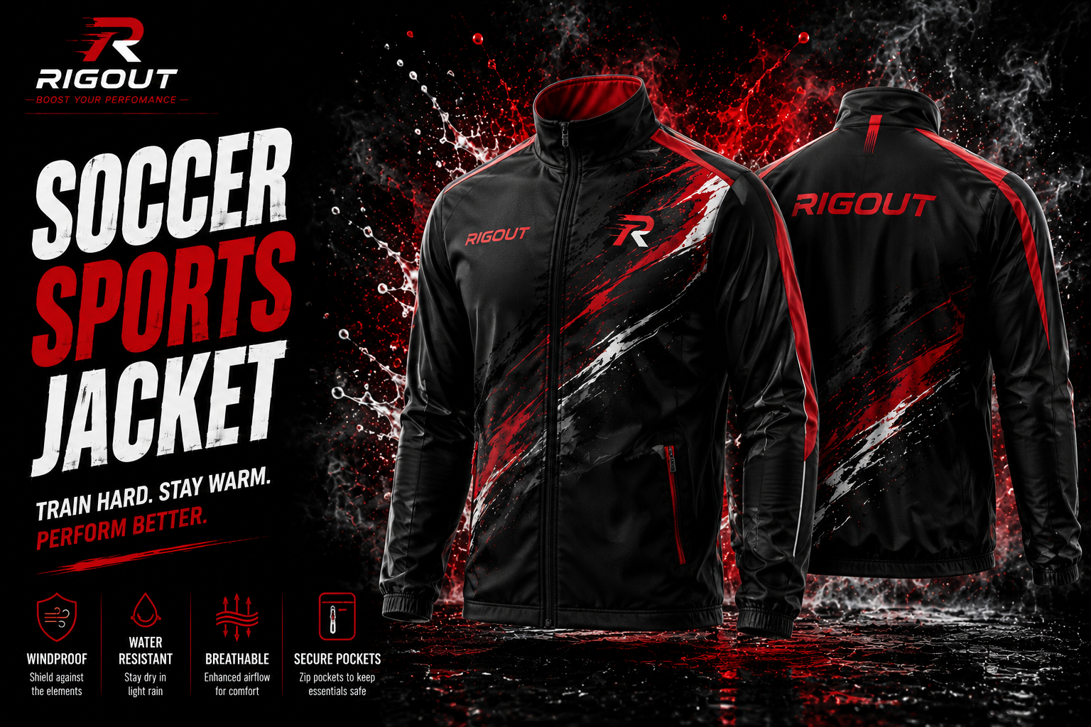 Customized sports windbreaker jacket made of water-resistant ripstop polyester with breathable mesh lining, custom team logo, and zippered pockets