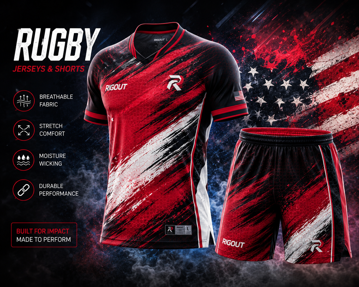 Custom-printed Rigby jersey and matching shorts set, crafted from breathable, high-performance athletic fabric featuring reinforced stitching and vibrant sublimated prints designed for durability and comfort during sports.