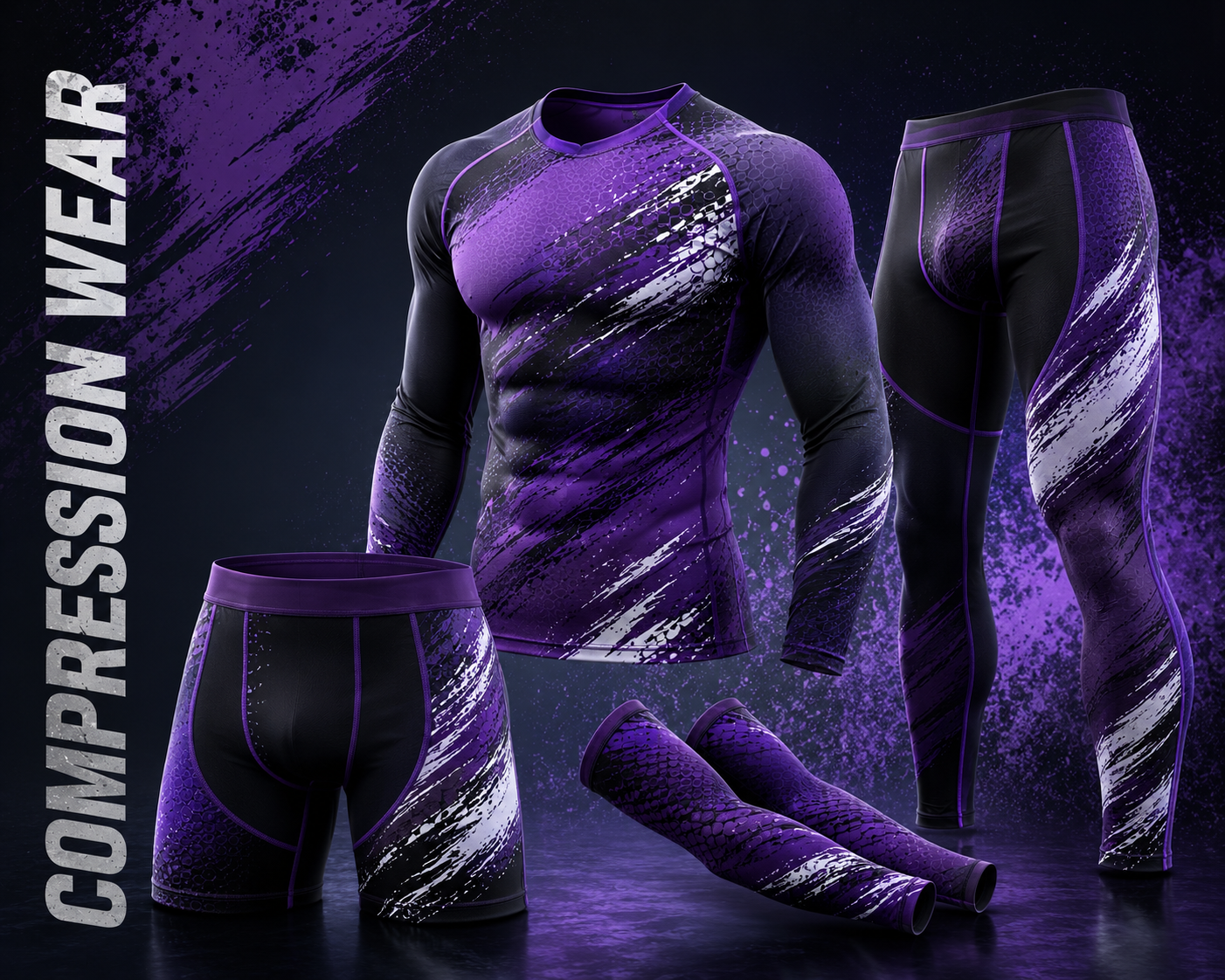 Customized 3-piece basketball uniform set featuring a long-sleeve compression shirt, matching shorts, and full-length compression pants made of moisture-wicking stretch polyester.