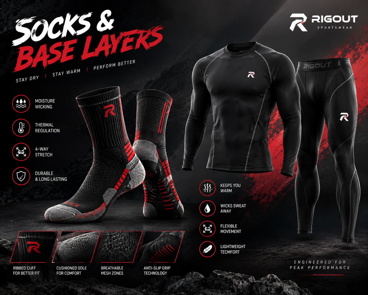 Sportswear black performance socks with cushioned soles and ribbed cuffs, paired with a matching thermal base layer compression long-sleeve top and leggings made from moisture-wicking, 4-way stretch fabric