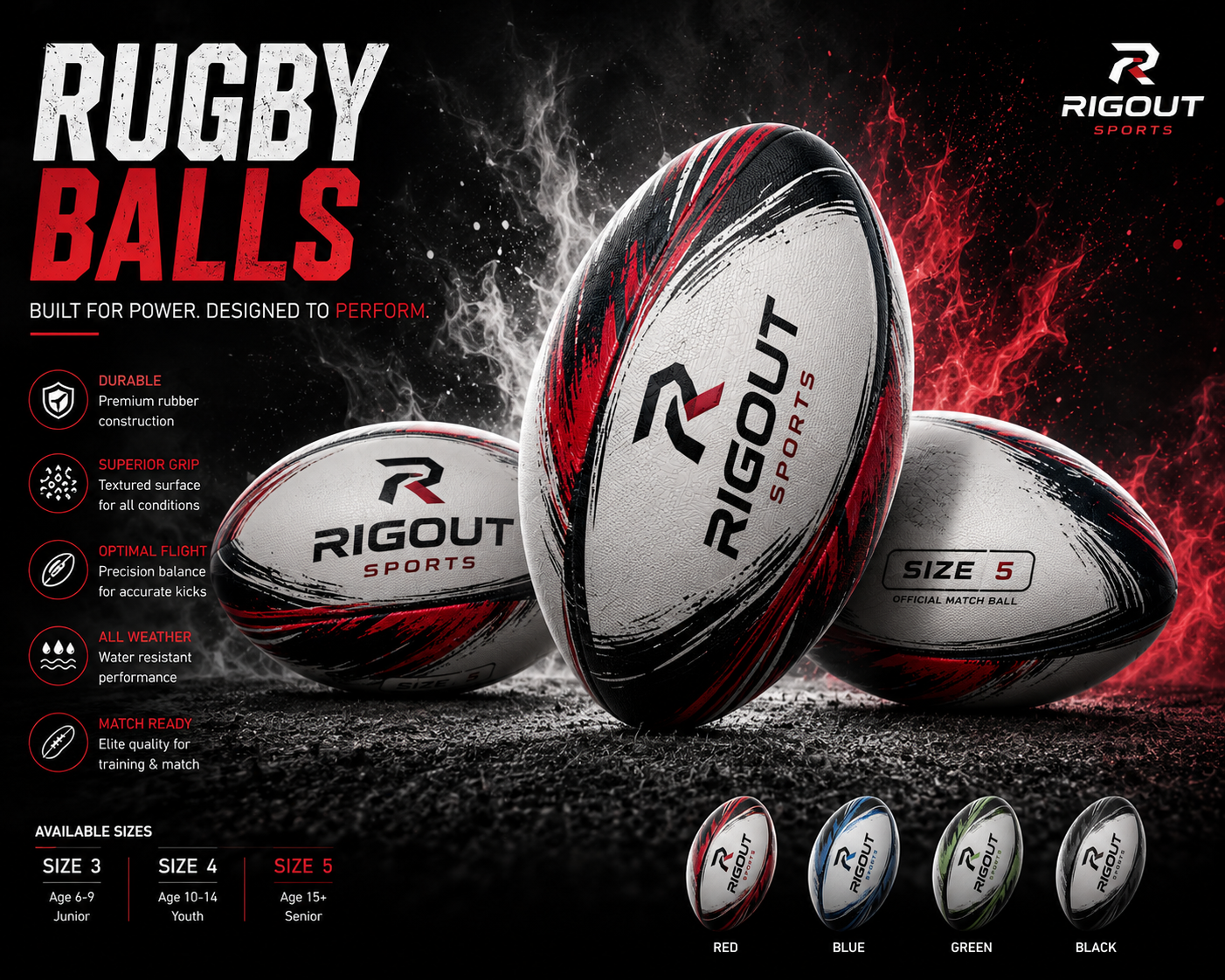 RIGOUT custom-printed rugby ball featuring durable composite outer panels, multi-layer internal lining for shape retention, and high-traction grip texture designed for optimal handling and performance in all weather conditions.