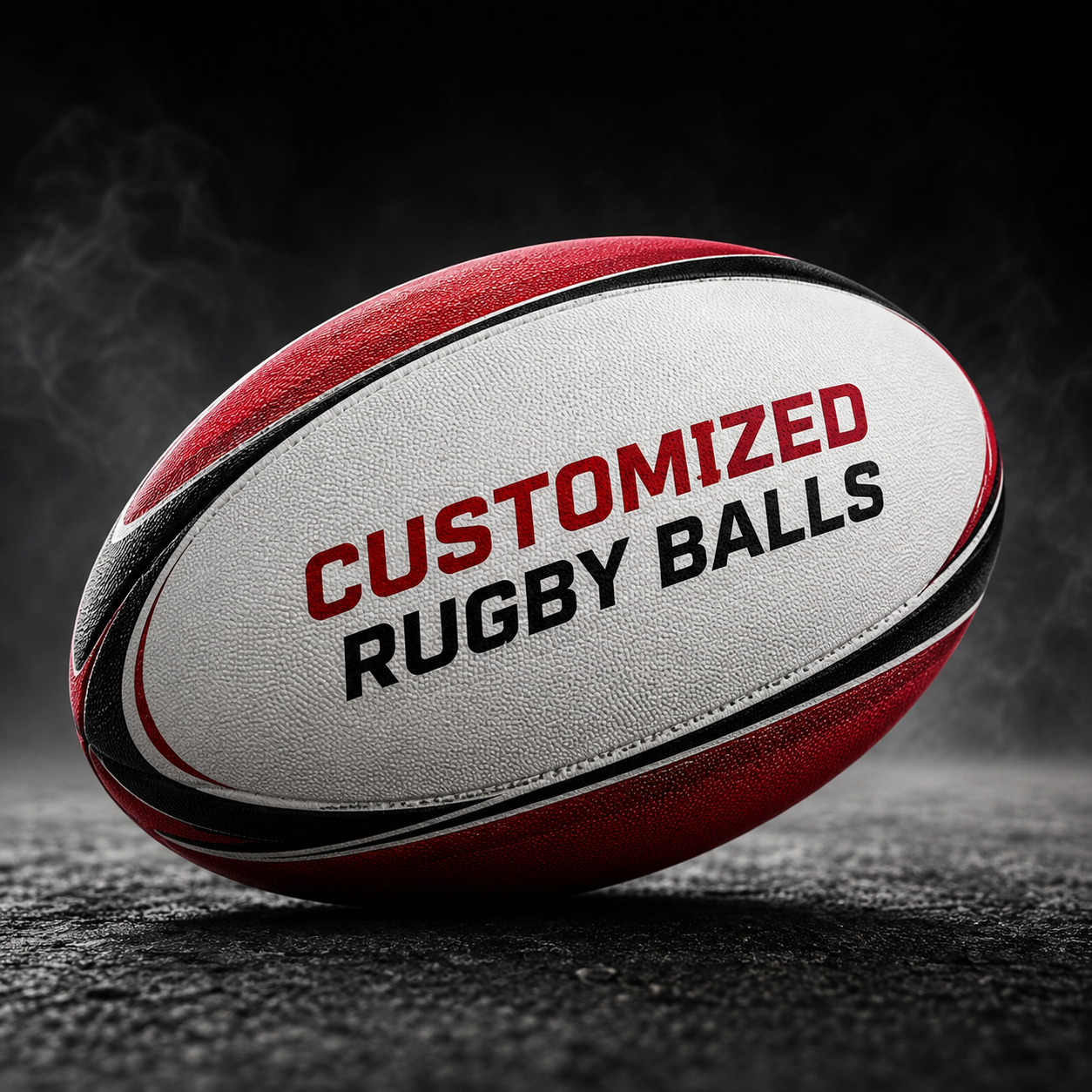 RIGOUT custom-printed rugby ball featuring durable composite outer panels, multi-layer internal lining for shape retention, and high-traction grip texture designed for optimal handling and performance in all weather conditions.