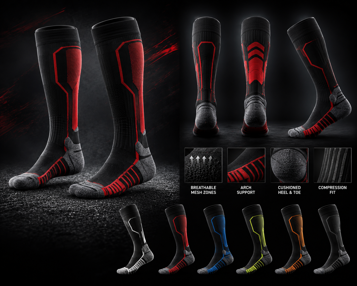 Custom-designed rugby socks featuring moisture-wicking fabric, cushioned soles for impact absorption, and reinforced ribbing for a secure, durable fit during matches.